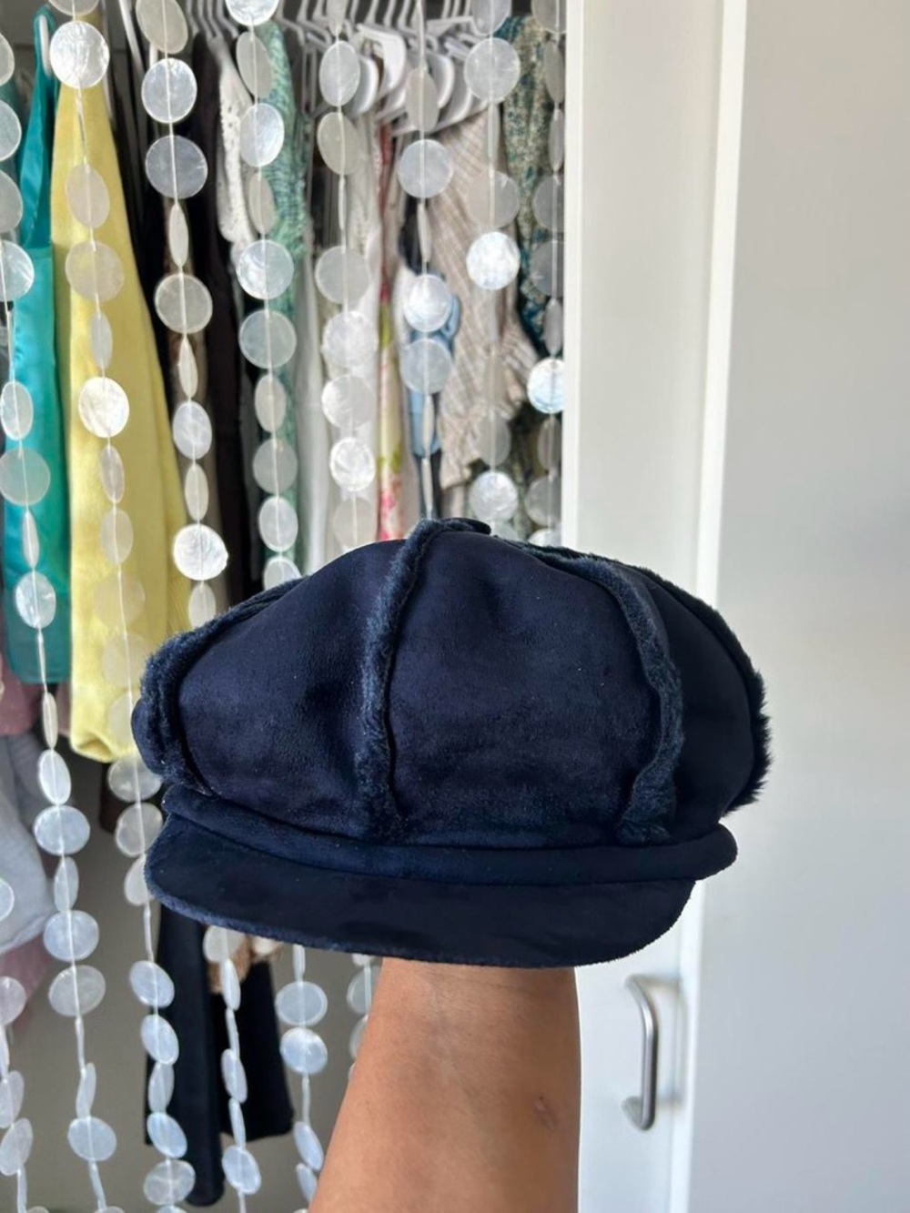 Blue suede paperboy hat